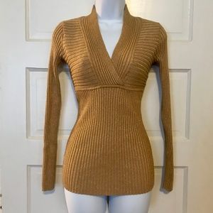 INC Gold Metallic Fitted Ribbed V-neck Sweater